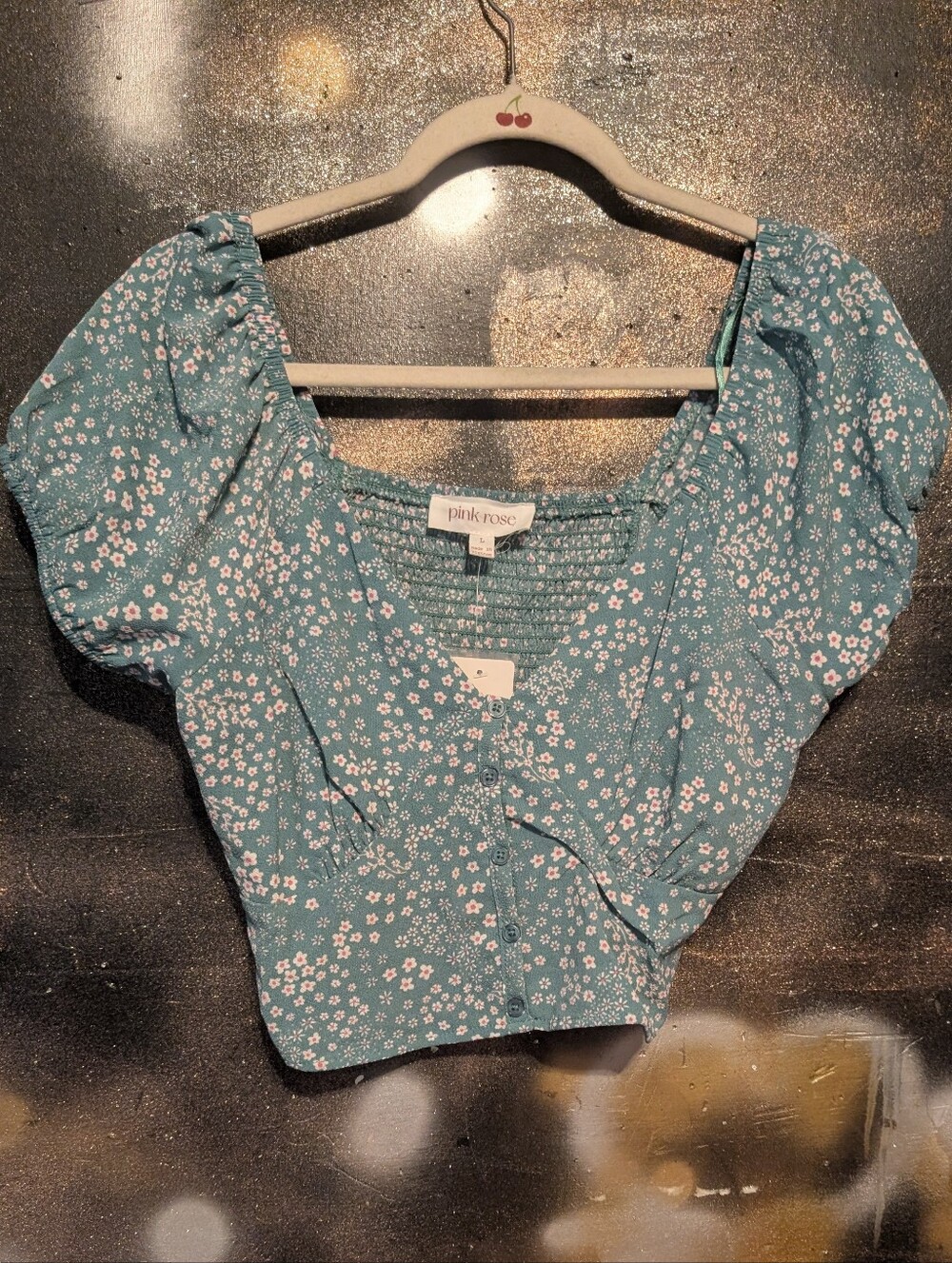 Pink Rose Teal Floral Puff-Sleeve Crop Top